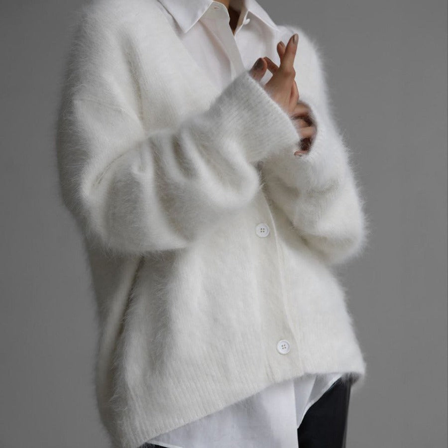 Cardigan boutonné à col en V ample Mode automne hiver Pull tricoté à simple boutonnage Haut Vêtements pour femmes