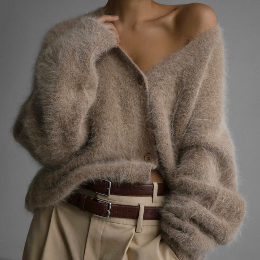 Cardigan boutonné à col en V ample Mode automne hiver Pull tricoté à simple boutonnage Haut Vêtements pour femmes