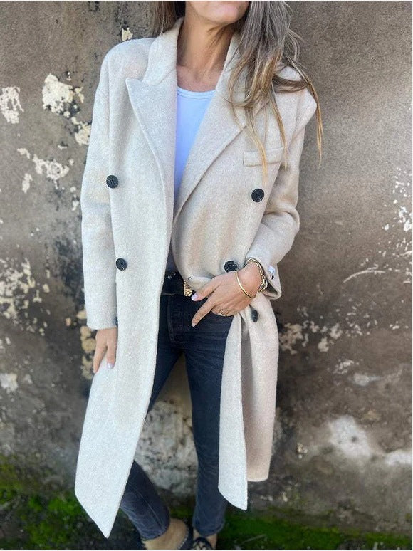 Veste décontractée pour femmes, mi-longue, à revers, manches longues et boutonnage croisé