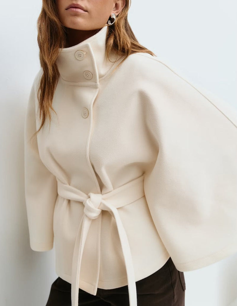 Manteau d'hiver à col haut avec manches chauve-souris, ceinturé, mode, ample, élégant avec boutons, trench-coat pour femmes