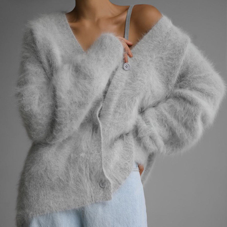 Cardigan boutonné à col en V ample Mode automne hiver Pull tricoté à simple boutonnage Haut Vêtements pour femmes