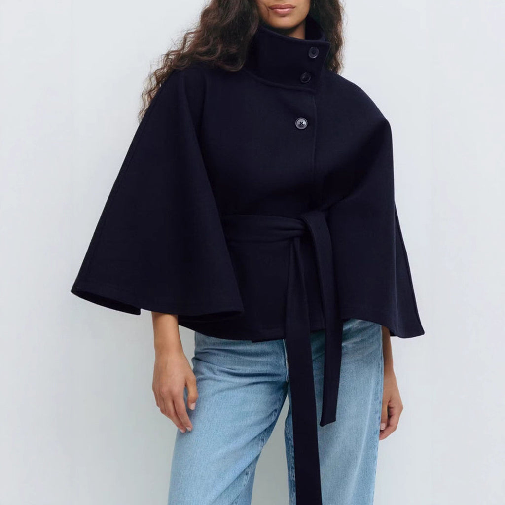 Manteau d'hiver à col haut avec manches chauve-souris, ceinturé, mode, ample, élégant avec boutons, trench-coat pour femmes