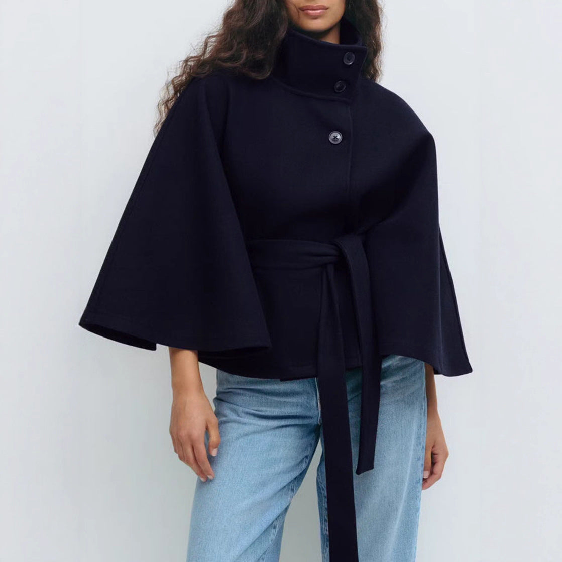 Manteau d'hiver à col haut avec manches chauve-souris, ceinturé, mode, ample, élégant avec boutons, trench-coat pour femmes