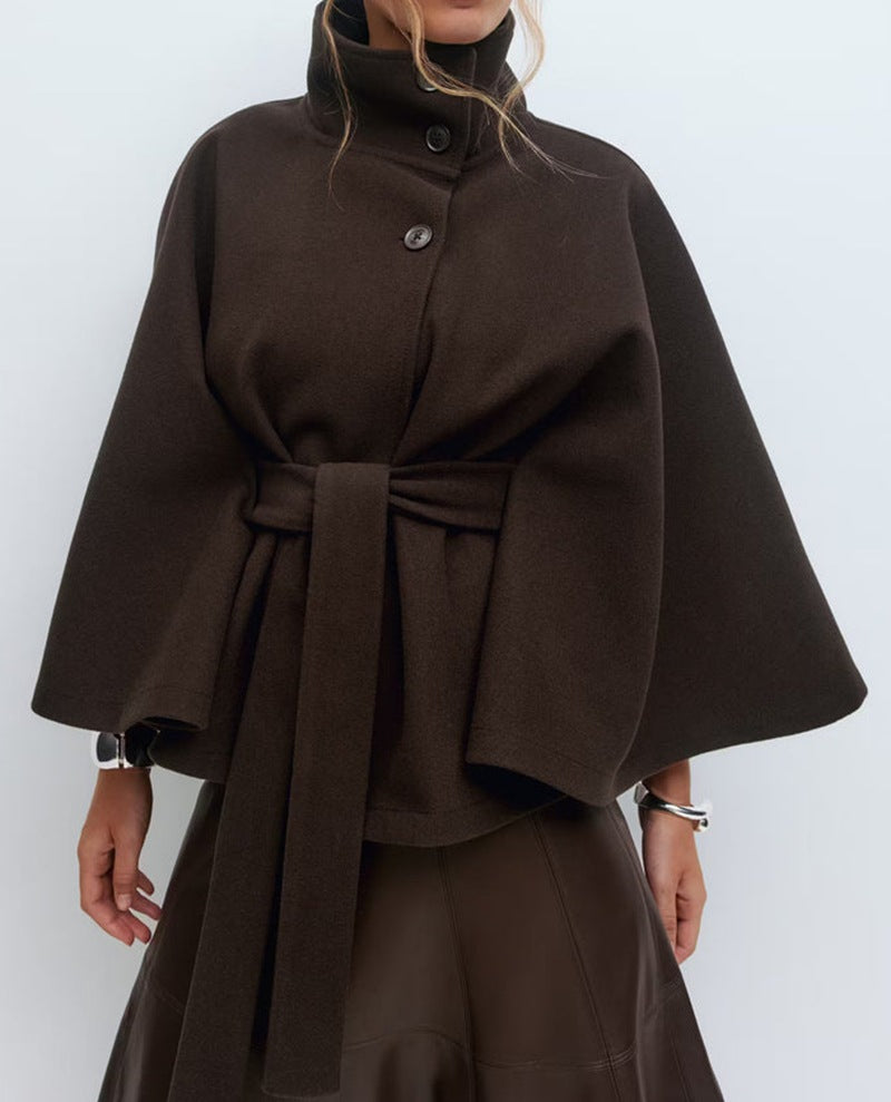 Manteau d'hiver à col haut avec manches chauve-souris, ceinturé, mode, ample, élégant avec boutons, trench-coat pour femmes