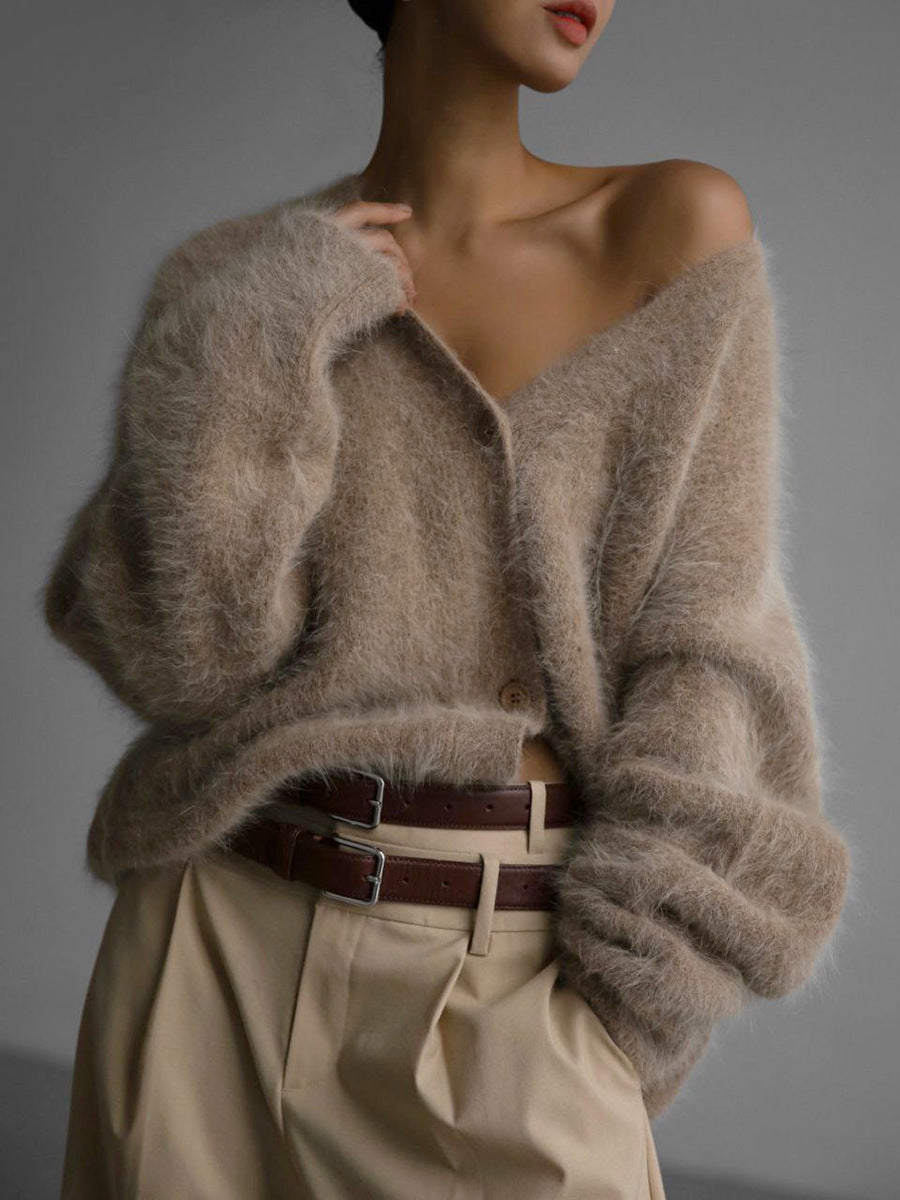 Cardigan boutonné à col en V ample Mode automne hiver Pull tricoté à simple boutonnage Haut Vêtements pour femmes