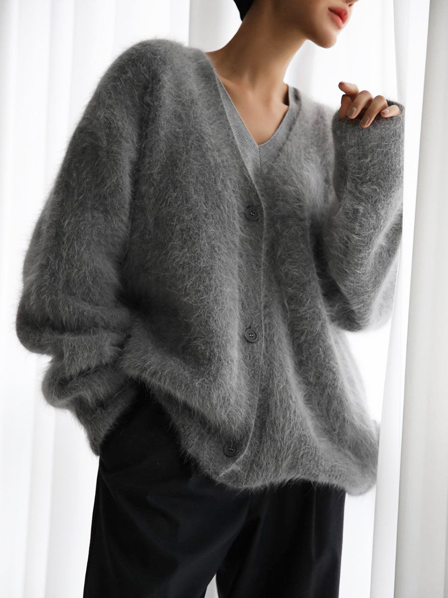 Cardigan boutonné à col en V ample Mode automne hiver Pull tricoté à simple boutonnage Haut Vêtements pour femmes