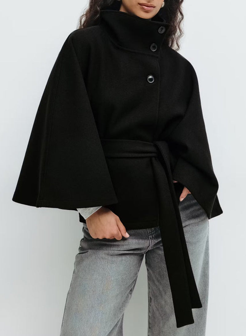 Manteau d'hiver à col haut avec manches chauve-souris, ceinturé, mode, ample, élégant avec boutons, trench-coat pour femmes