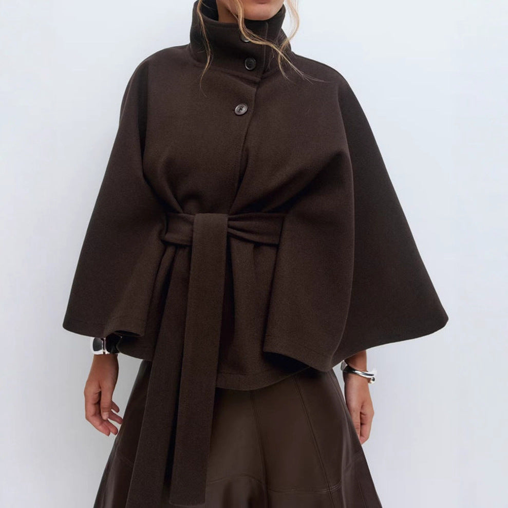 Manteau d'hiver à col haut avec manches chauve-souris, ceinturé, mode, ample, élégant avec boutons, trench-coat pour femmes
