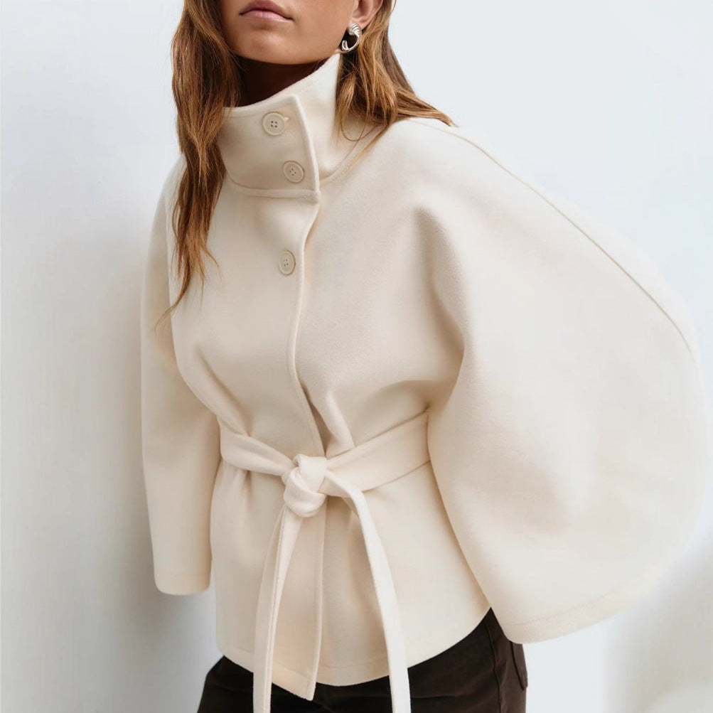 Manteau d'hiver à col haut avec manches chauve-souris, ceinturé, mode, ample, élégant avec boutons, trench-coat pour femmes
