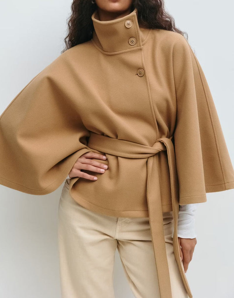 Manteau d'hiver à col haut avec manches chauve-souris, ceinturé, mode, ample, élégant avec boutons, trench-coat pour femmes
