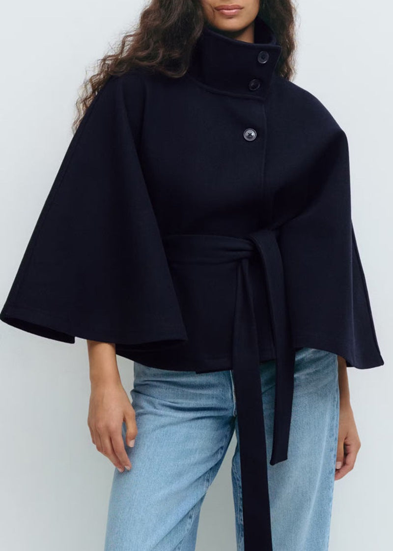 Manteau d'hiver à col haut avec manches chauve-souris, ceinturé, mode, ample, élégant avec boutons, trench-coat pour femmes