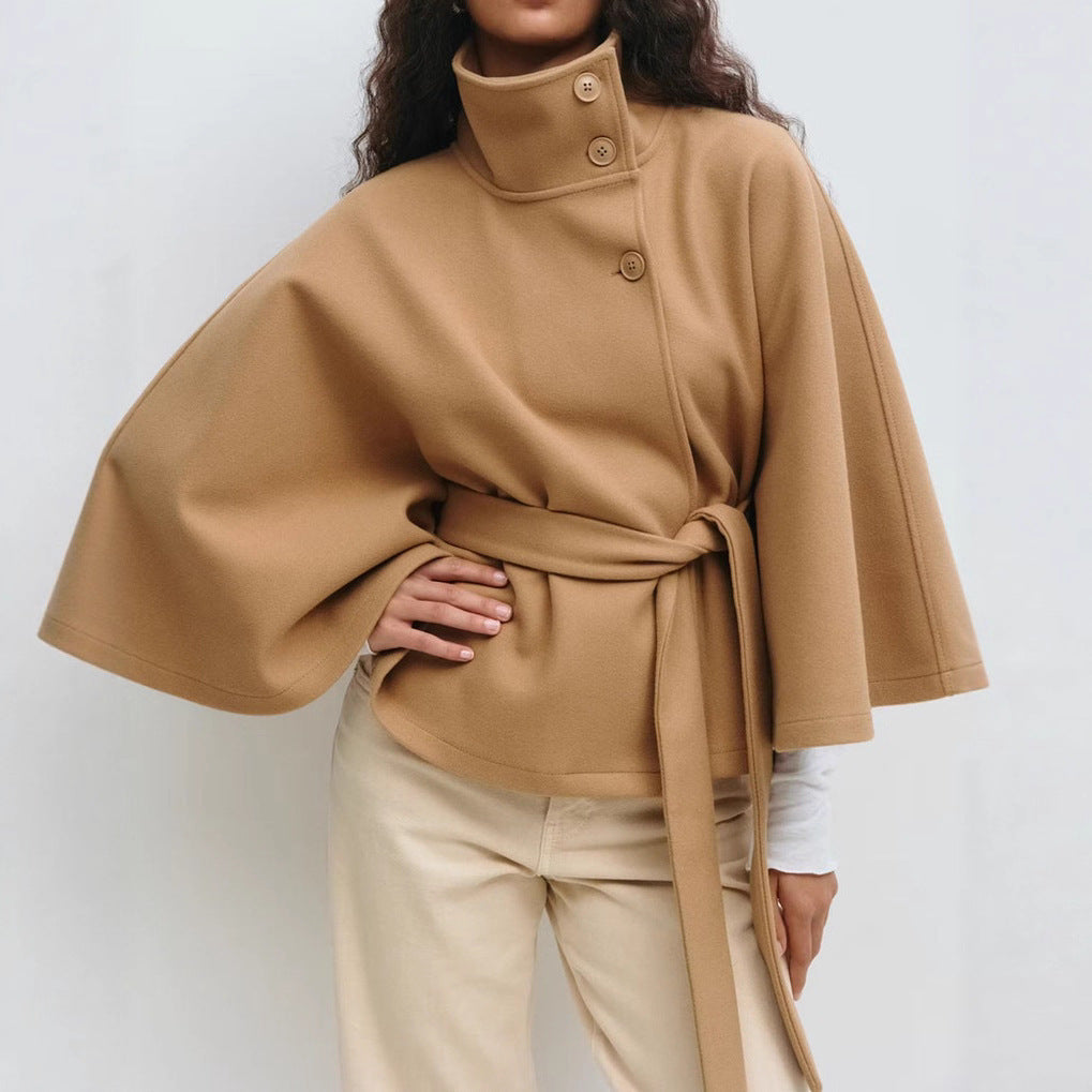 Manteau d'hiver à col haut avec manches chauve-souris, ceinturé, mode, ample, élégant avec boutons, trench-coat pour femmes
