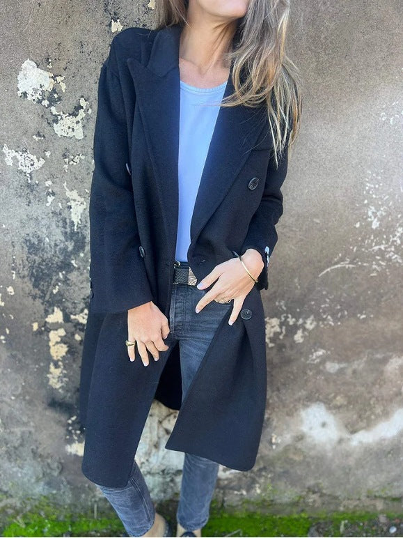 Veste décontractée pour femmes, mi-longue, à revers, manches longues et boutonnage croisé