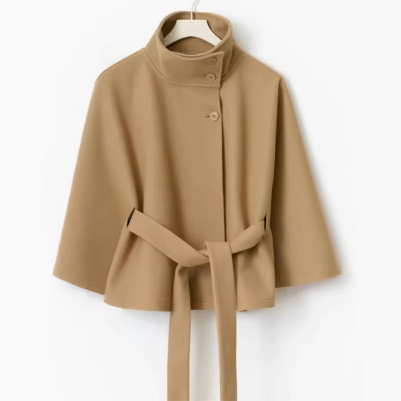 Manteau d'hiver à col haut avec manches chauve-souris, ceinturé, mode, ample, élégant avec boutons, trench-coat pour femmes