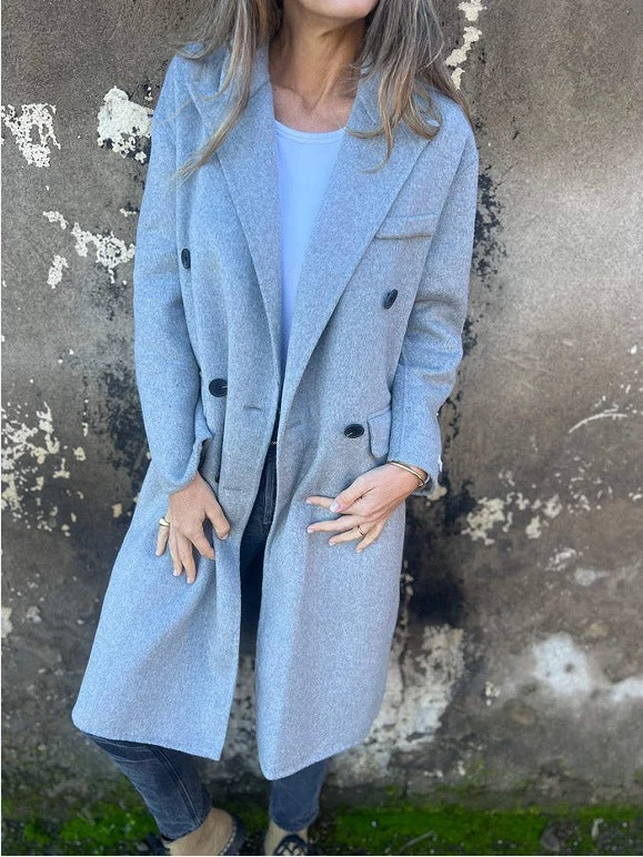 Veste décontractée pour femmes, mi-longue, à revers, manches longues et boutonnage croisé