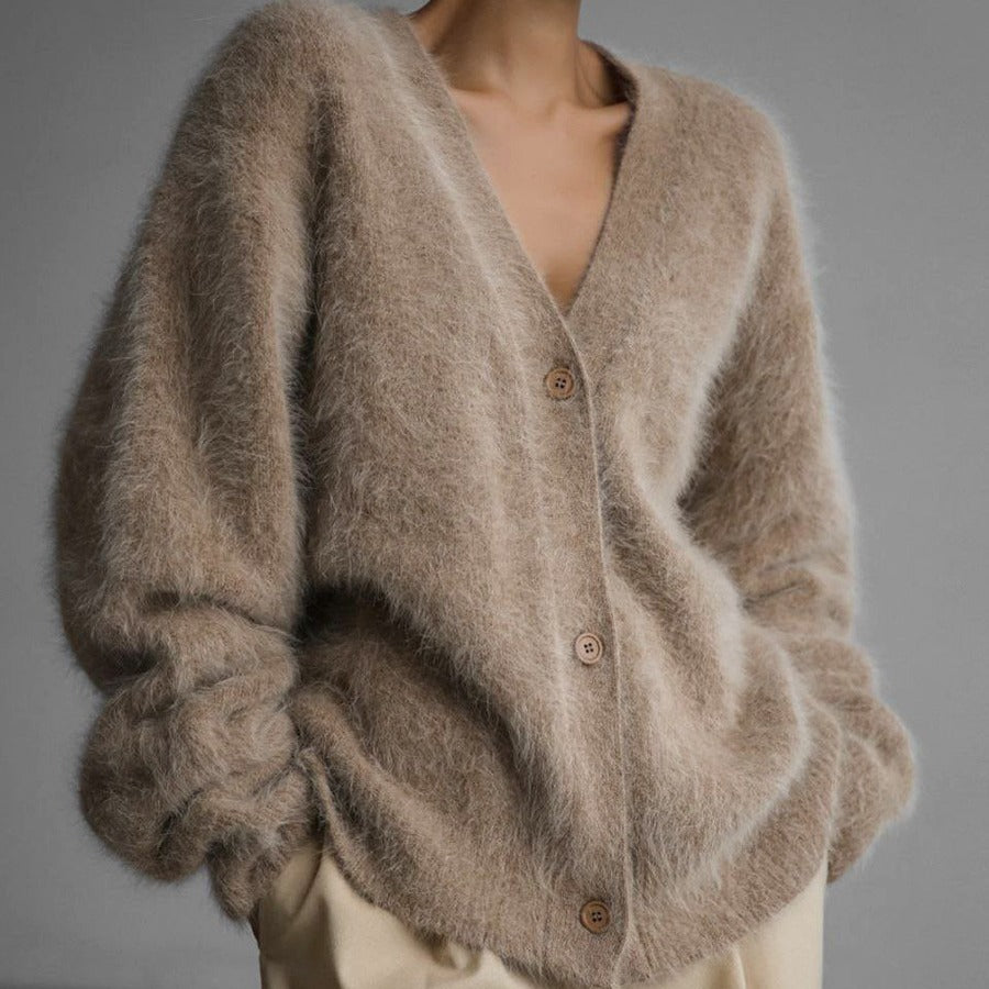 Cardigan boutonné à col en V ample Mode automne hiver Pull tricoté à simple boutonnage Haut Vêtements pour femmes