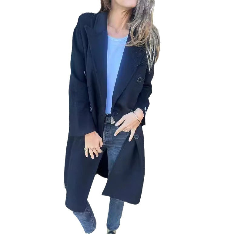 Veste décontractée pour femmes, mi-longue, à revers, manches longues et boutonnage croisé