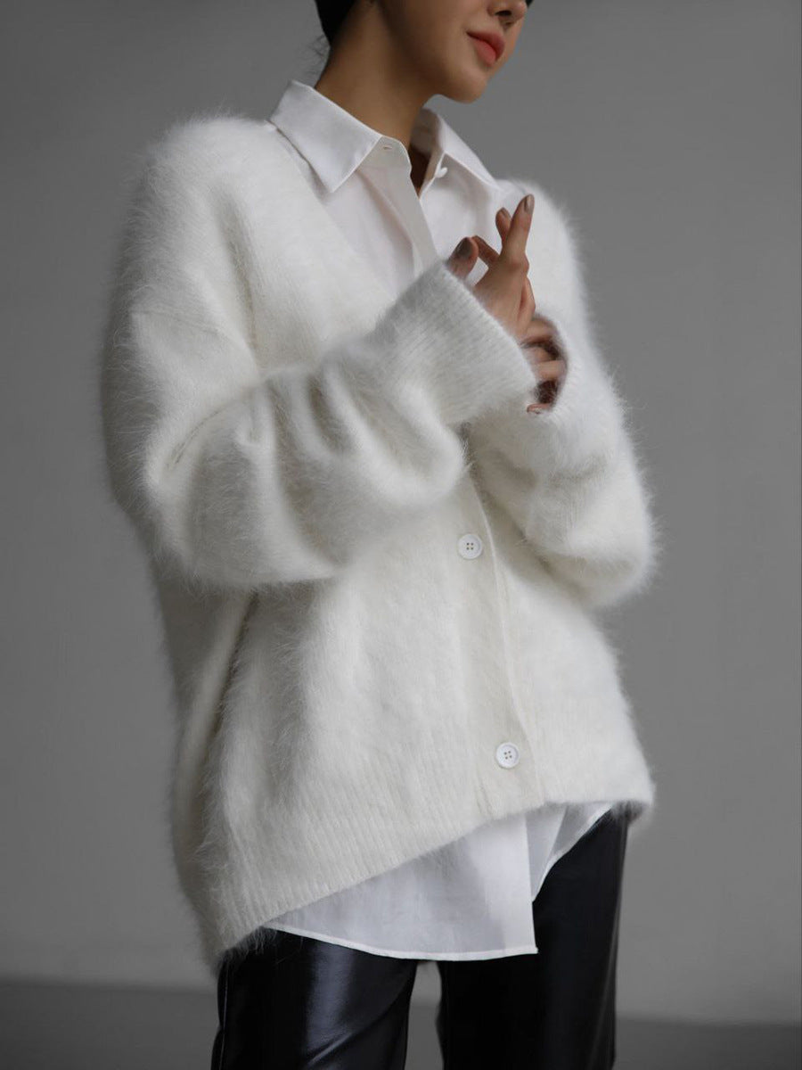 Cardigan boutonné à col en V ample Mode automne hiver Pull tricoté à simple boutonnage Haut Vêtements pour femmes