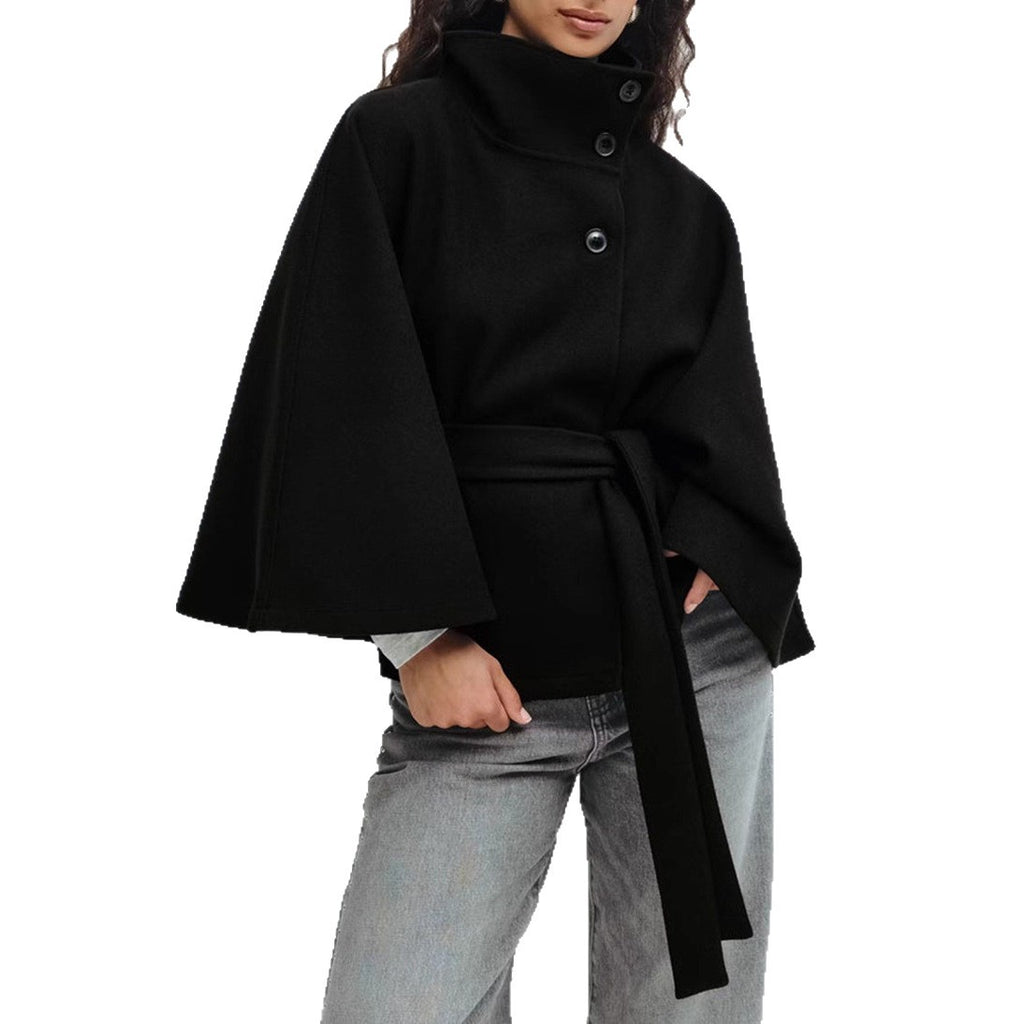Manteau d'hiver à col haut avec manches chauve-souris, ceinturé, mode, ample, élégant avec boutons, trench-coat pour femmes