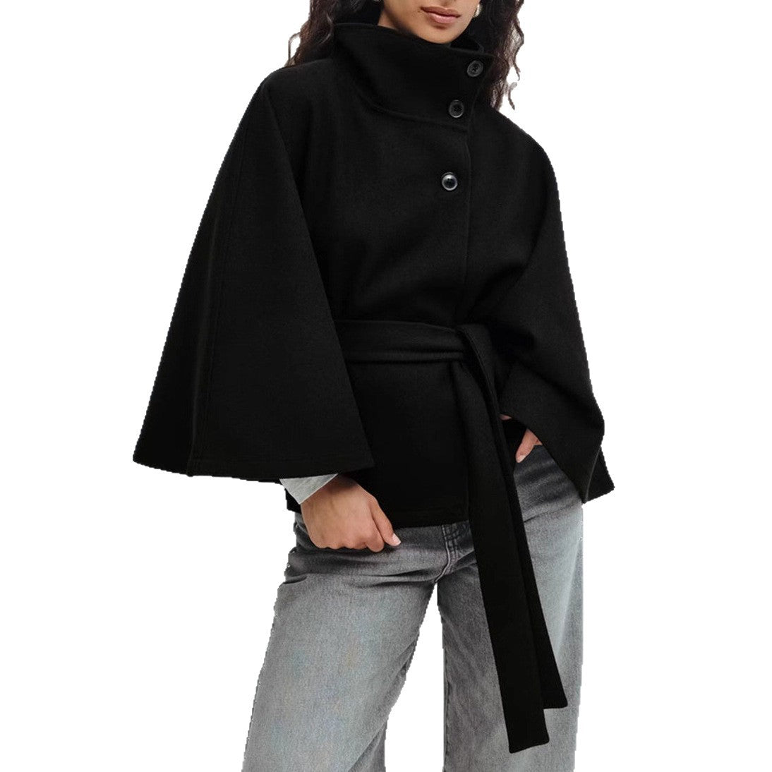 Manteau d'hiver à col haut avec manches chauve-souris, ceinturé, mode, ample, élégant avec boutons, trench-coat pour femmes